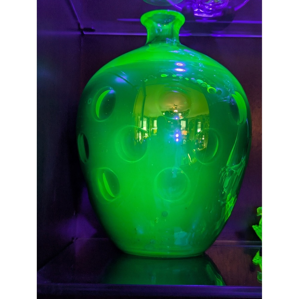 Vintage Uranium Mercury Emerald Green Blown Glass Dimpled Vase MCM Decor 11.5"